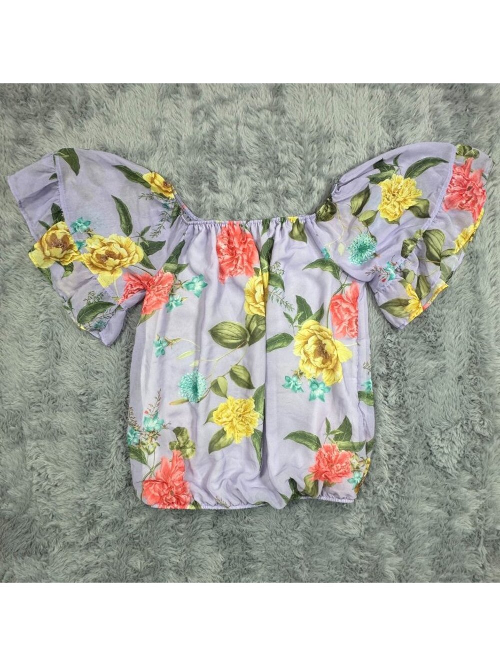 Sweet Pea by Stacy Frati Blouse Top Women M Purple Polyester Floral Off Shoulder